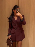 Tineit Office Solid Lapel Women Coat Burgundy Double Breasted Lady Blazers 2025 Fashion Autumn Pocket Long Sleeve Suit Female Jacket