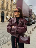 Tineit 2024 Chic Wine Red Women's Lapel Leather Jacket Fashion Belted Long Sleeves Cropped Biker Coat Autumn Female New High Streetwear