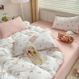 Tineit Cute Bear Bedding Set Cartoon Floral And Animal Duvet Cover Blue Flat Sheet Soft Polyester Kawaii Queen Full Size Bed Linen