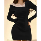 thanksgiving outfit Tineit Knitted Dress Women Autumn Winter Long Sleeved Sexy Off Shoulder Stretch Sweater Solid Elegant Skinny Chic Korean Lady Dress