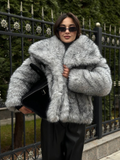 Tineit Fashion Women's Lapel Loose Warm Faux Fur Jacket Elegant Winter Thicken Long Sleeve Fluffy Plush Coat New 2024 Chic Lady Outwear