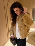 Tineit Ladies Sexy Chic Golden Sequin Zipper Autumn Winter Jacket Women Loose Round Neck Coat Party Club Shiny Outerwear Jacket Female