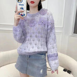 thanksgiving outfit Tineit Sweet Flowers Sweater Women Pink Beaded Hollow Out Loose O-Neck Knitted Jumpers Fashion Spring Fall Long-Sleeved Lazy Pretty Top