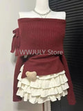 Tineit Winter Kawaii Sweet 2 Piece Set Woman Off Shoulder Bow Knitted Tops + Mini Cake Skirt Female Korean Fashion Casual Suit 2025 New