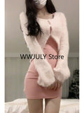 Tineit Autumn Sexy Strap Y2k Mini Dress Sets Women Pink Sweet Sweater Tops Elegant Bodycon Slim 2 Piece Skirt Dress Korean Fashion 2025