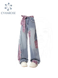 christmas outfit Tineit Women's Blue Patchwork Plaid Jeans Harajuku Y2k Baggy Denim Trousers Vintage Japanese 2000s Style Jean Pants Trashy Clothes 2025