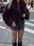 Tineit Women's Fashion Burgundy Fluffy Furry Warm Cropped Coat Elegant Faux Fur Lapel Thicken Warm Jacket 2024 New Lady Chic Streetwear