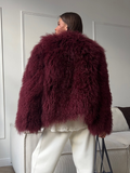 Tineit New Fashion Burgundy Oversized Fluffy Faux Fur Coat 2024 Chic Women O-neck Long Sleeved Warm Jacket Winter Lady Loose Streetwear