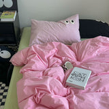 Tineit Ins Style Nordic Bedding Set No Filling Duvet Cover Pillowcase with Cute Eye Embroidered Solid Color Single Queen Size Bed Linen