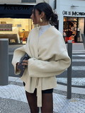 Tineit Elegant Woolen Coat With Belt Women Loose Lace Up V Neck Long Sleeve Female Jackets 2024 Autumn Lady Fashion Commute Overcoat