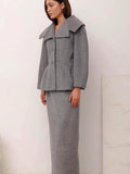 Tineit New Elegant Grey Women's Woolen Skirt 2 Piece Set Fashion Lapel Single Breasted Slim Blazer Jacket Suit Chic Lady Commute Outfit