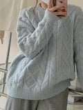 Tineit Solid Crew Neck Cable Knit Sweater