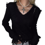 Tineit 2024 Fall Fashion Ribbed Tattered V Neck Sweater