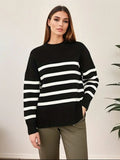 Tineit Ladies Vintage Autumn Winter Sweater Women Pullovers Oversized Loose Striped Casual Knit Jumper Women Sweaters Tops Female