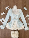 Tineit Sweet Lolita Three Piece Sets Lace Bow Plush Cardigan + Sexy Slim Fit Strapless Vest Tops + High Waist Ruched Skirts Winter Chic