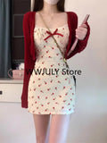 Tineit Sweet 2 Piece Dress Set Woman Red Long Sleeve Cardigan + Strap Floral Y2k Mini Dress Party Korean Fashion Suit 2025 Autumn Chic