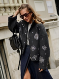 Tineit Beading Luxurious Chic Coat Women Loose Single Breasted Stand Collar Pocket Woolen Outwear 2025 Winter Snowflake Sequins Jackets