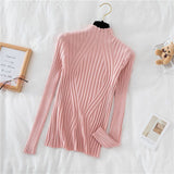 thanksgiving outfit Tineit Pit Stripe Knit Sweater Women Korean Fall Winter Fashion Slim Elegant Solid Half High Collar Long Sleeve Pullover Basic Chic Top