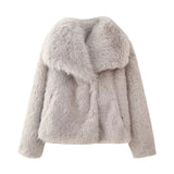 cold weather outfits Tineit 2024 Autumn Winter Women Casual Faux Fur Jackets Fashion Streetwear Solid Oversized Turn Down Collar Elegant Thick Coats