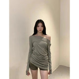 Tineit American Style Spicy Girl Irregular Tops Off Shoulder Thin Long Sleeved T-shirt Women New Basic Casual Korean Fashion Blouse