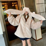 Tineit Winter Oversized Warm White Faux Fur Coats Women Clothes Bunny Ears Kawaii Sweet Cute Japanese Y2k Tops Fluffy Jacket Hoodie