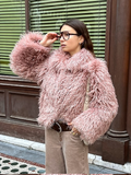 Tineit Elegant Pink Women's Cropped Warm Faux Fur Jacket Fashion Winter Thermal Long Sleeve Fluffy Coats New Ladies Chic Street Outwear