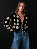 Tineit 3D Flower Lace Up Women Sweaters Hollow Out O Neck Female Cardigan 2025 Vintage Autumn Embroidery Loose Full Sleeve Lady Top