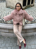 Tineit Elegant Pink Women's Cropped Warm Faux Fur Jacket Fashion Winter Thermal Long Sleeve Fluffy Coats New Ladies Chic Street Outwear