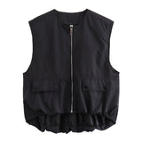 cold weather outfits Tineit 2024 Spring Summer Casual Women Vests Fashion Vintage Solid Pockets Ruched O Neck Zippers Sleeveless Ladies Vests