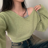 Tineit 2024 Fall Fashion Solid Color V-Neck Cropped Sweater