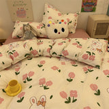 Tineit Korean Style Bedding Set Twin Queen Size Cute Cream Cherry Duvet Cover Flat Sheet Pillowcase Polyester Boys Girls Bed Linen