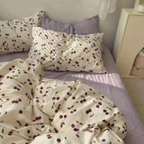 Tineit Ins Style Duvet Cover Set with Flat Sheet Pillowcases Cute Orange Cherry Crow Printed Single Double Queen Size Girls Bedding Kit