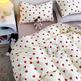 Tineit Washed Cotton Duvet Cover Set Ins Floral Style with Flat Sheet Pillowcase No Filler Queen Double Girls Boys Home Bed Linens