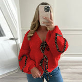 Tineit Lace Up Leopard Print Heart Cardigan Women Patchwork Contrast Color Fashion Knitted Loose V-neck Sweaters 2025 Autumn Chic Coat