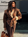 Tineit Vintage Furry Leather Jacket Women With Belt Slim Lace Up V-neck Full Sleeves Pocket Jackets 2024 Autumn Winter Lady Street Coat