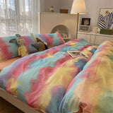 Tineit INS Tie-dye Gradation Bedding Set Korean Style Girls Boys Double Size Flat Sheet Duvet Cover Pillowcase Bed Linen Home Textile