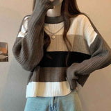 thanksgiving outfit Tineit Retro Stripe Knit Sweater Women Fall Loose Slouchy O Neck Long Sleeve Patchwork Pullover Y2K Korean Streetwear Casual Jumpers