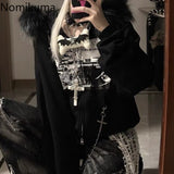 Tineit Harajuku Black Jackets Women's Clothing Furry Hooded Zip-up Outwear Streetwear Fashion Casual Print Y2k Coats 2025 Ropa Mujer