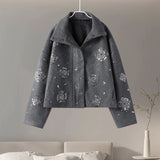 Tineit Beading Luxurious Chic Coat Women Loose Single Breasted Stand Collar Pocket Woolen Outwear 2025 Winter Snowflake Sequins Jackets