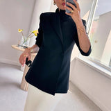 Tineit Solid Lapel Women Coat One Button Pocket Slim Female Jacket 2025 Irregular Autumn Winter Elegant Office Full Sleeve Lady Outwear