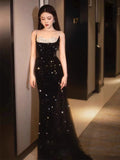 Tineit Elegant Mermaid Spaghetti Straps Black Sequin Long Prom Dresses Party Dress With Beads (PRE-ORDER)