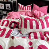 Tineit Korean Style Pink Letter Bedding Set Flat Bed Sheet Pillowcase Twin Full Queen Size Bed Linen Women Girls Duvet Cover No Filling