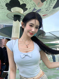 Tineit 2025 New Pure Color Causal Basic Blouse Woman Short Sleeve Slim Y2k Crop Tops Outfits Korean Style Sweet Lace Tees Chic