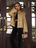 Tineit Women Chic Glitter Sequins Stand Collar Jacket Fashion Long Sleeves Pockets Cropped Coat 2024 Autumn Winter Lady High Streetwear