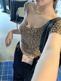 Tineit 2025 Summer New Leopard Y2k Crop Tops Women 2000s Basic Outwear Vintage T-shirt Korean Fashion Casual Sexy Backless Tops Chic