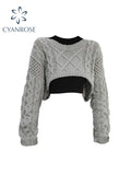 christmas outfit Tineit 2025 Autumn New Women Solid Color Pullover Sweater Hollow Out Knitted Long Sleeve Cropped Sweater Korean Style Casual Fashion