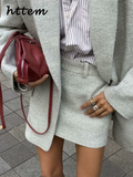 Tineit Elegant Woolen Blazer Mini Skirt Sets Women Lapel Long Sleeve Coats Short A-line Skirts 2024 Autumn Lady Chic Office Outfits