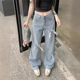 Tineit Denim Bow High Waist Wide Leg Jeans