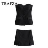 cold weather outfits Tineit 2024 Spring Summer Sexy Solid Women Suits Fashion Strapless Sleeveless Single Breasted Tops+Folds Mini Shorts Skirts