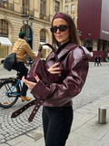 Tineit 2024 Chic Wine Red Women's Lapel Leather Jacket Fashion Belted Long Sleeves Cropped Biker Coat Autumn Female New High Streetwear